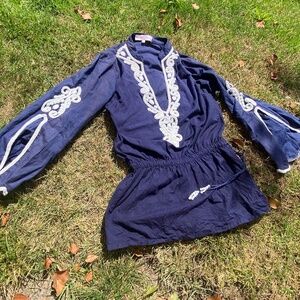 Monique Leshman Tunic Navy Cotton Beaded Peplum Top with Bell sleeves.Rare